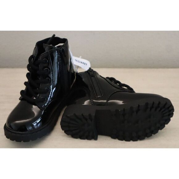 Old Navy 749932 Toddler Girl Sz 8 Black Shiny Faux-Leather Side-Zip Combat Boots - Picture 2 of 7